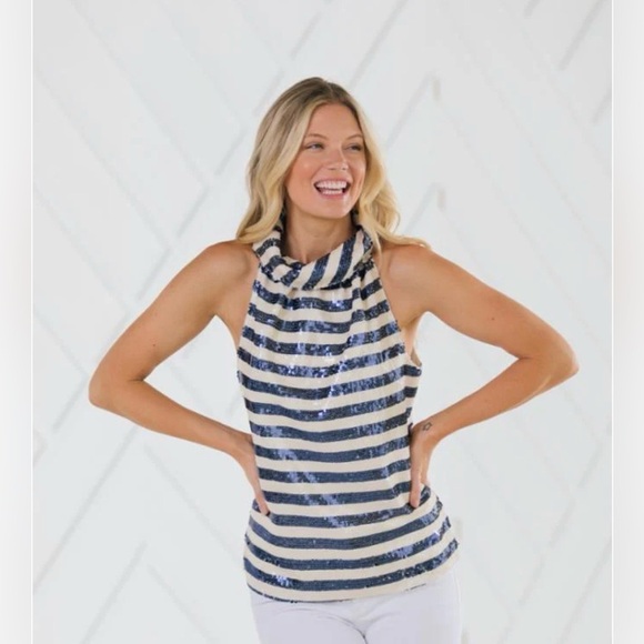 Sail to Sable Tops - Sail to Sable Sequin Stripe Cowl Neck Halter Top Navy White Lined S/M